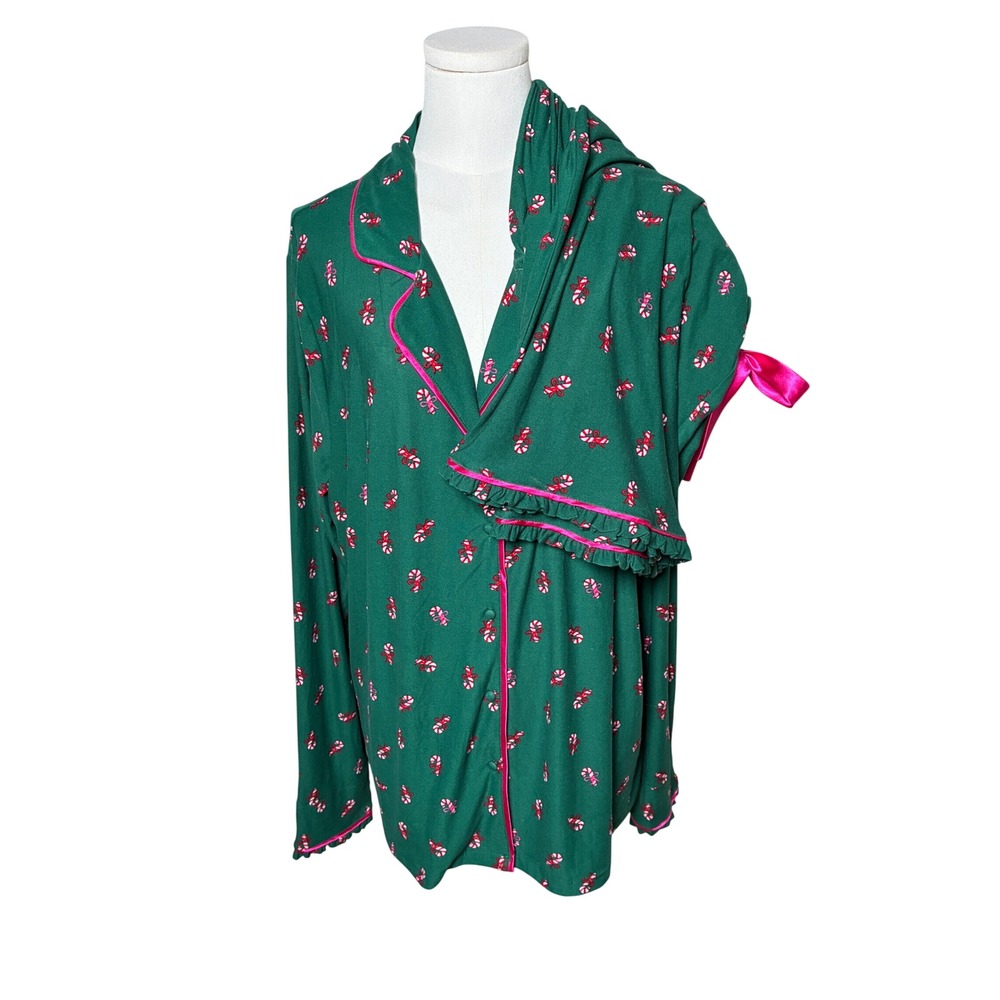 Crown & Ivy Christmas Candy Cane Pajama Set Ruffle Trim Green Pink XL